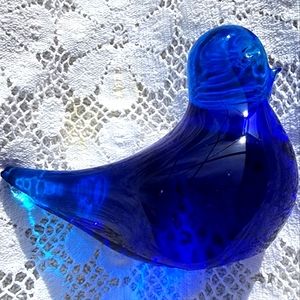Blue Glass Bird paperweight, missing some tail, needs re-homed. 6 inches long